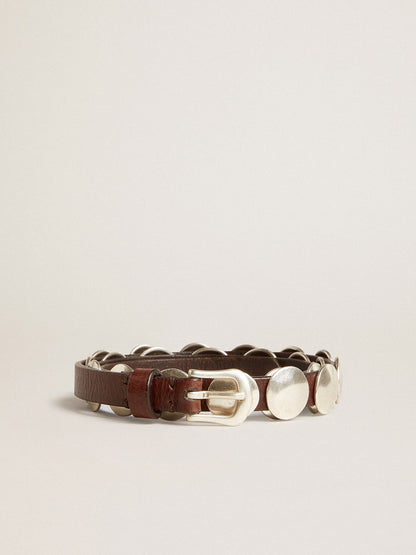 Trinidad thin belt in dark brown leather with silver studs - Golden Goose Women