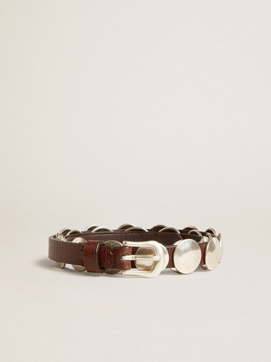 Trinidad thin belt in dark brown leather with silver studs - Golden Goose Women
