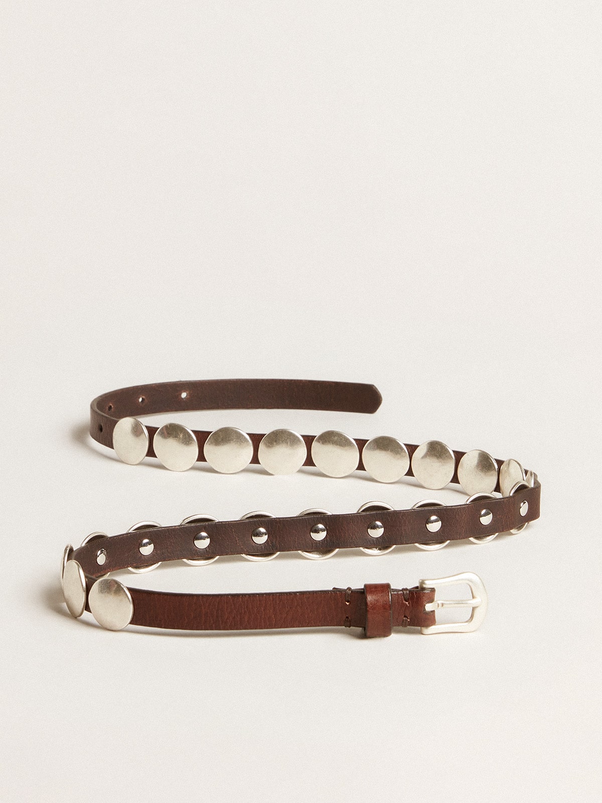 Trinidad thin belt in dark brown leather with silver studs - Golden Goose Women