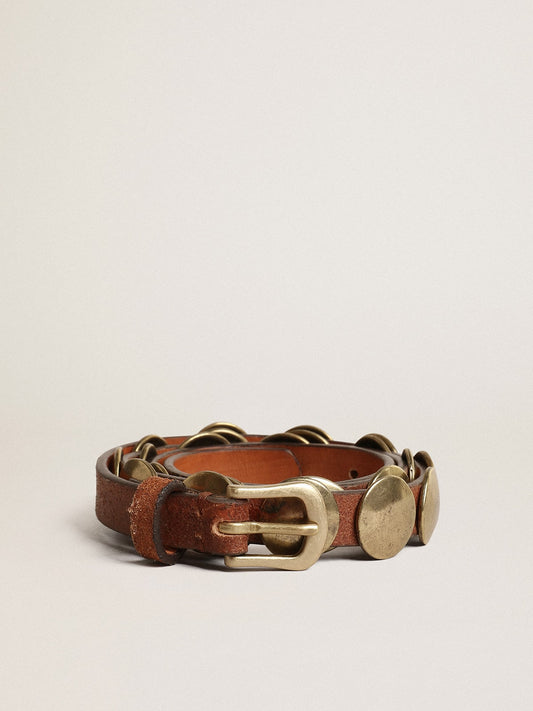 Trinidad belt in aged tan-colored leather with golden maxi studs - Golden Goose Women