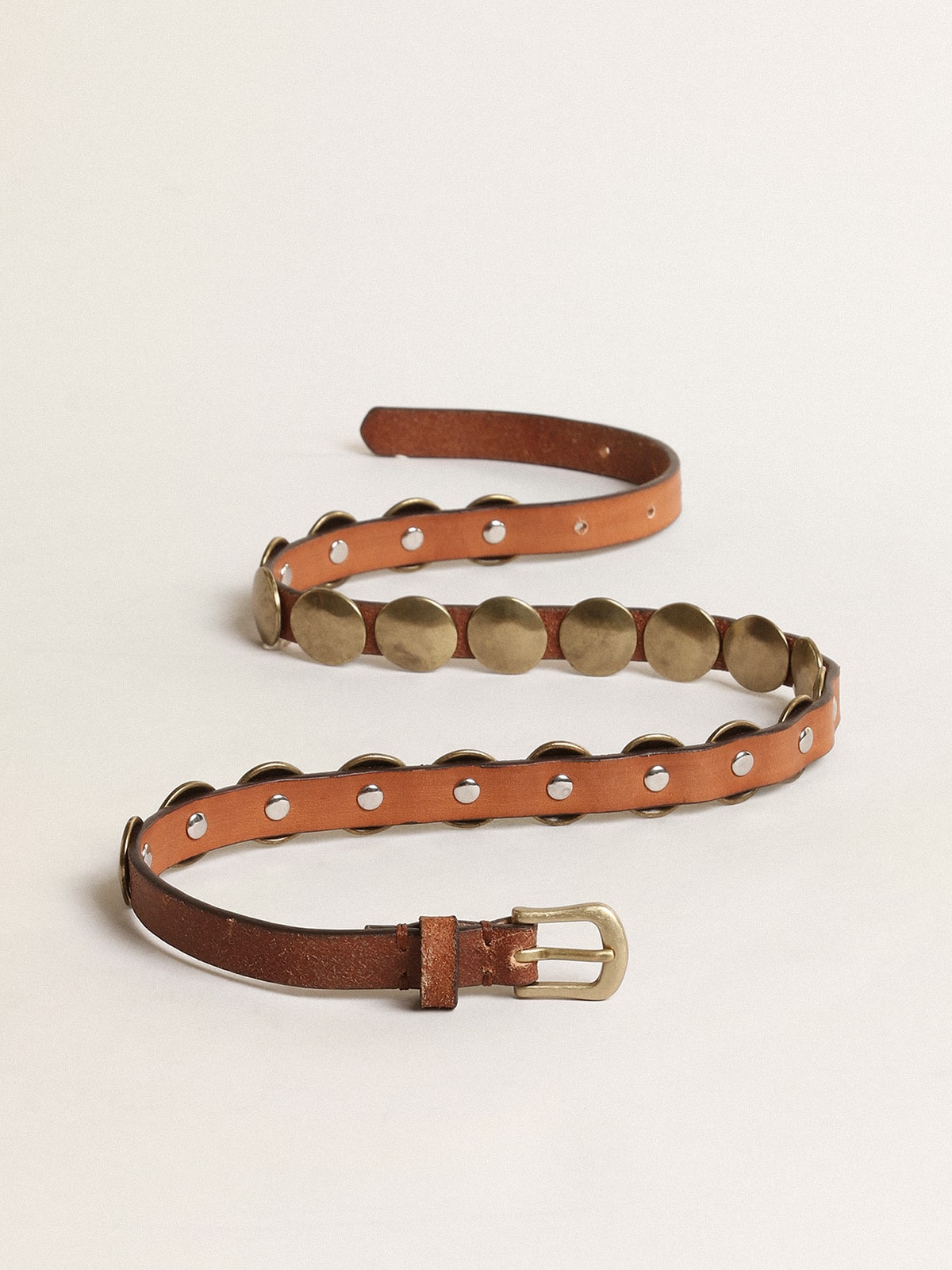 Trinidad belt in aged tan-colored leather with golden maxi studs - Golden Goose Women