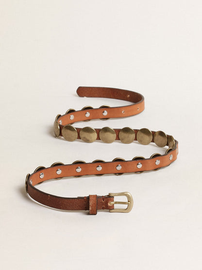 Trinidad belt in aged tan-colored leather with golden maxi studs - Golden Goose Women