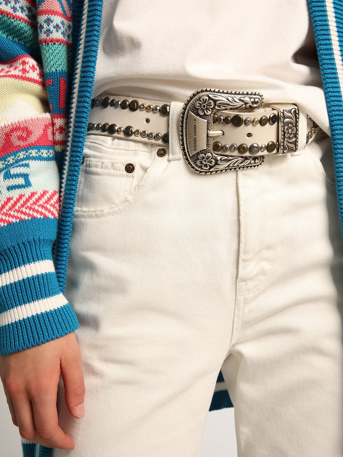 Women's belt in white leather with colored studs - Golden Goose Women