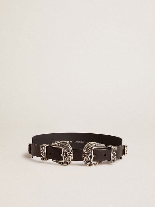 Black belt in washed leather with silver-colored double buckle - Golden Goose Women