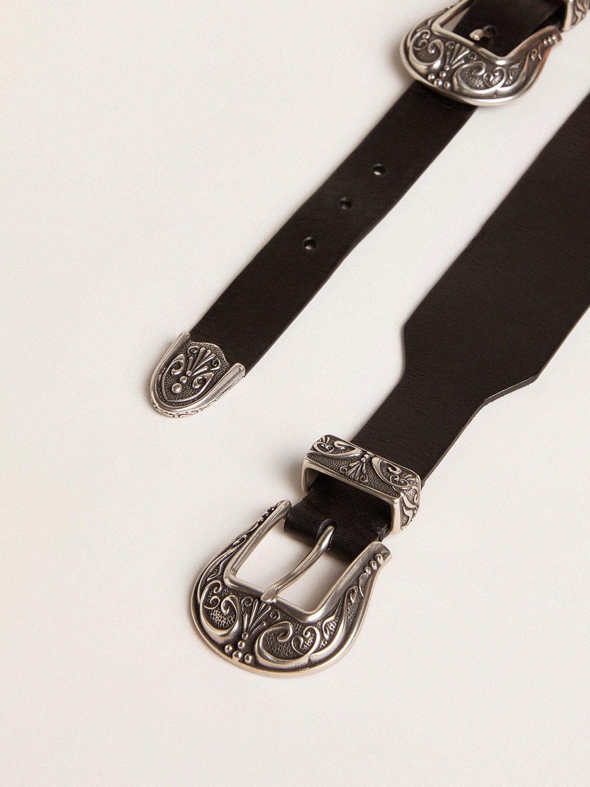 Black belt in washed leather with silver-colored double buckle - Golden Goose Women