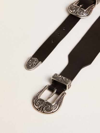 Black belt in washed leather with silver-colored double buckle - Golden Goose Women