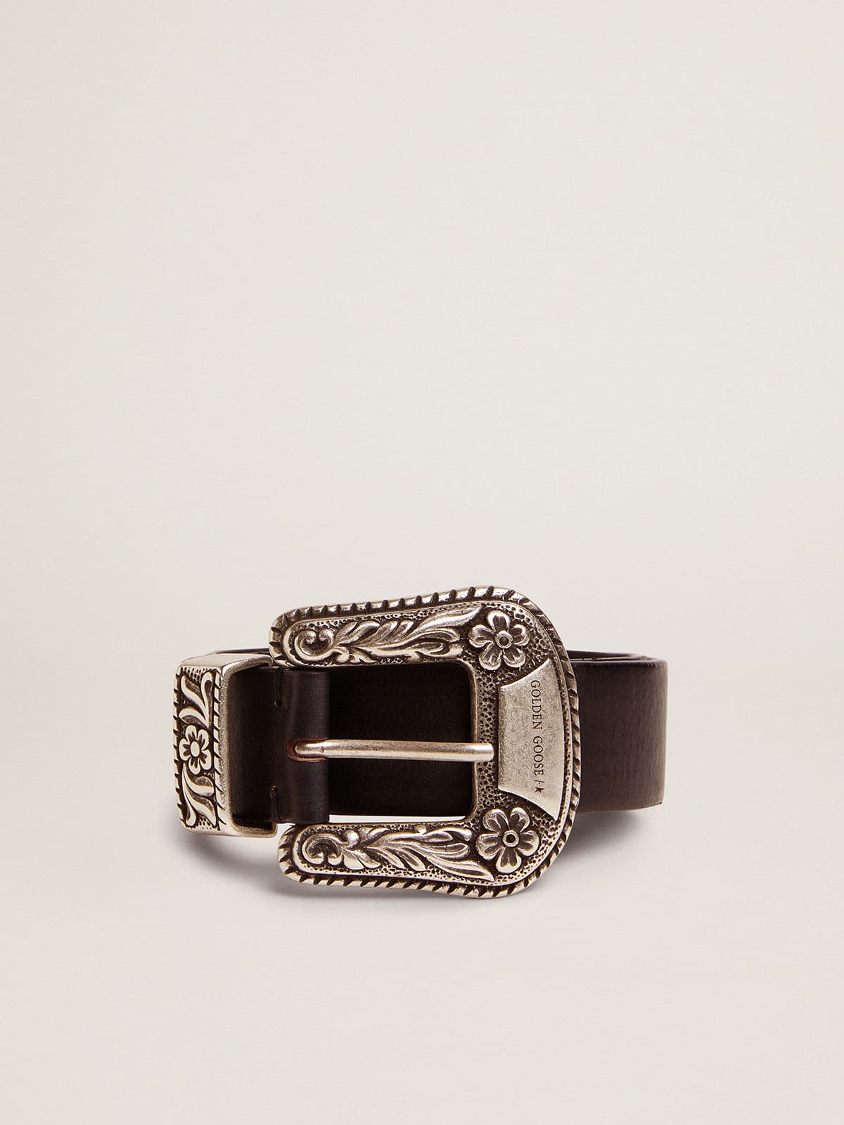 Women's belt in black leather with silver decorated buckle - Golden Goose Women