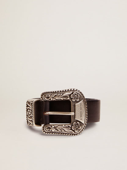 Women's belt in black leather with silver decorated buckle - Golden Goose Women