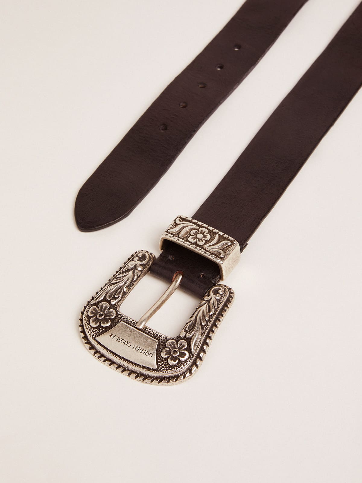 Women's belt in black leather with silver decorated buckle - Golden Goose Women