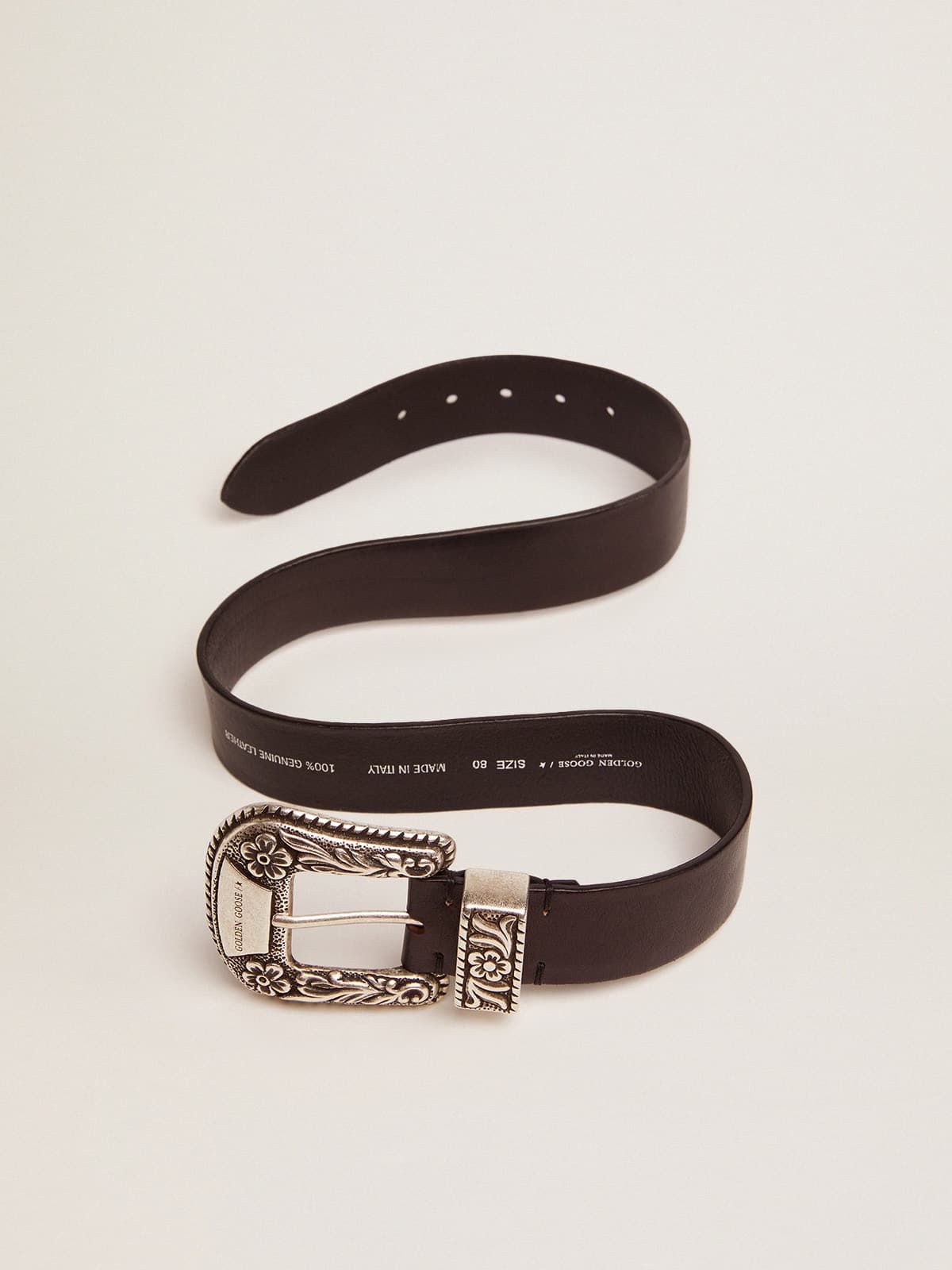 Women's belt in black leather with silver decorated buckle - Golden Goose Women