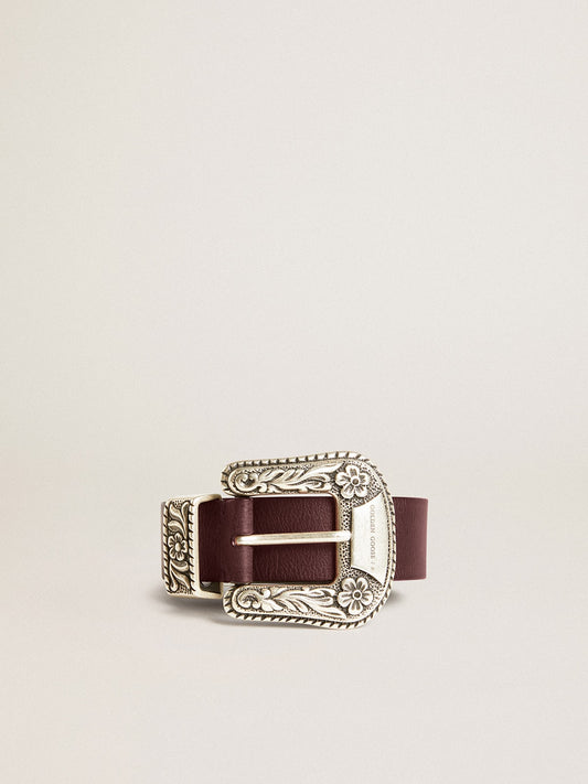 Women’s belt in burgundy leather with decorated silver buckle - Golden Goose Women