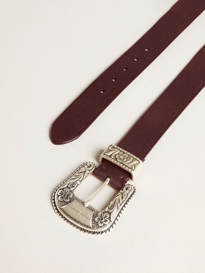 Women’s belt in burgundy leather with decorated silver buckle - Golden Goose Women