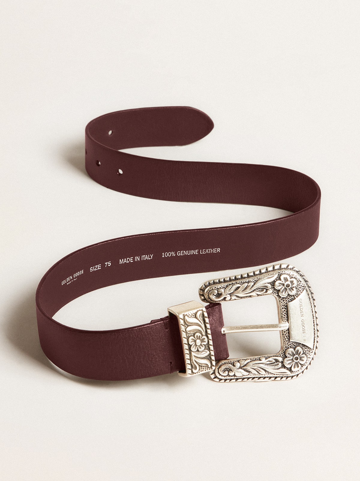 Women’s belt in burgundy leather with decorated silver buckle - Golden Goose Women