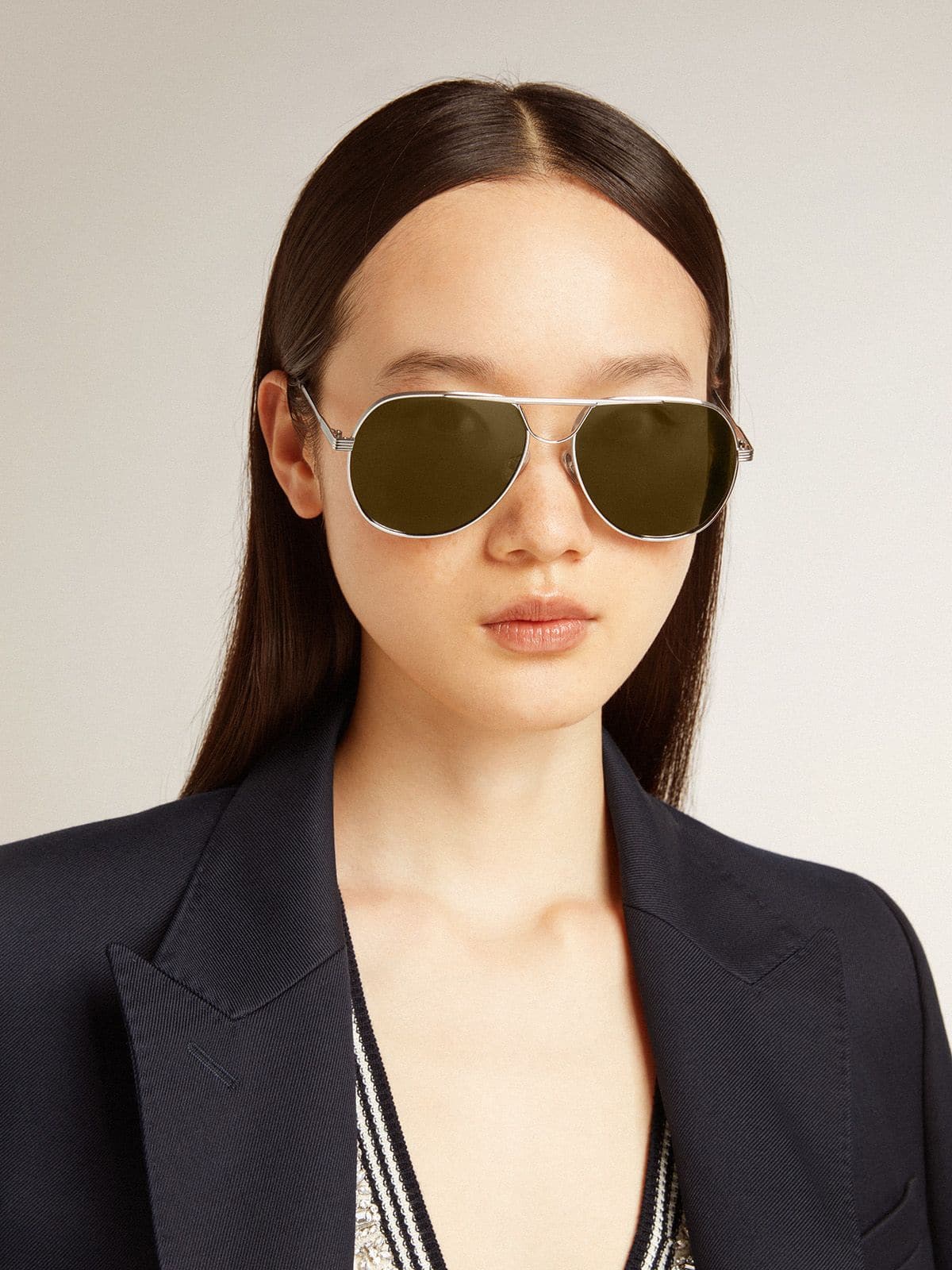 Aviator sunglasses with silver frame and green lenses - Golden Goose Women|Men
