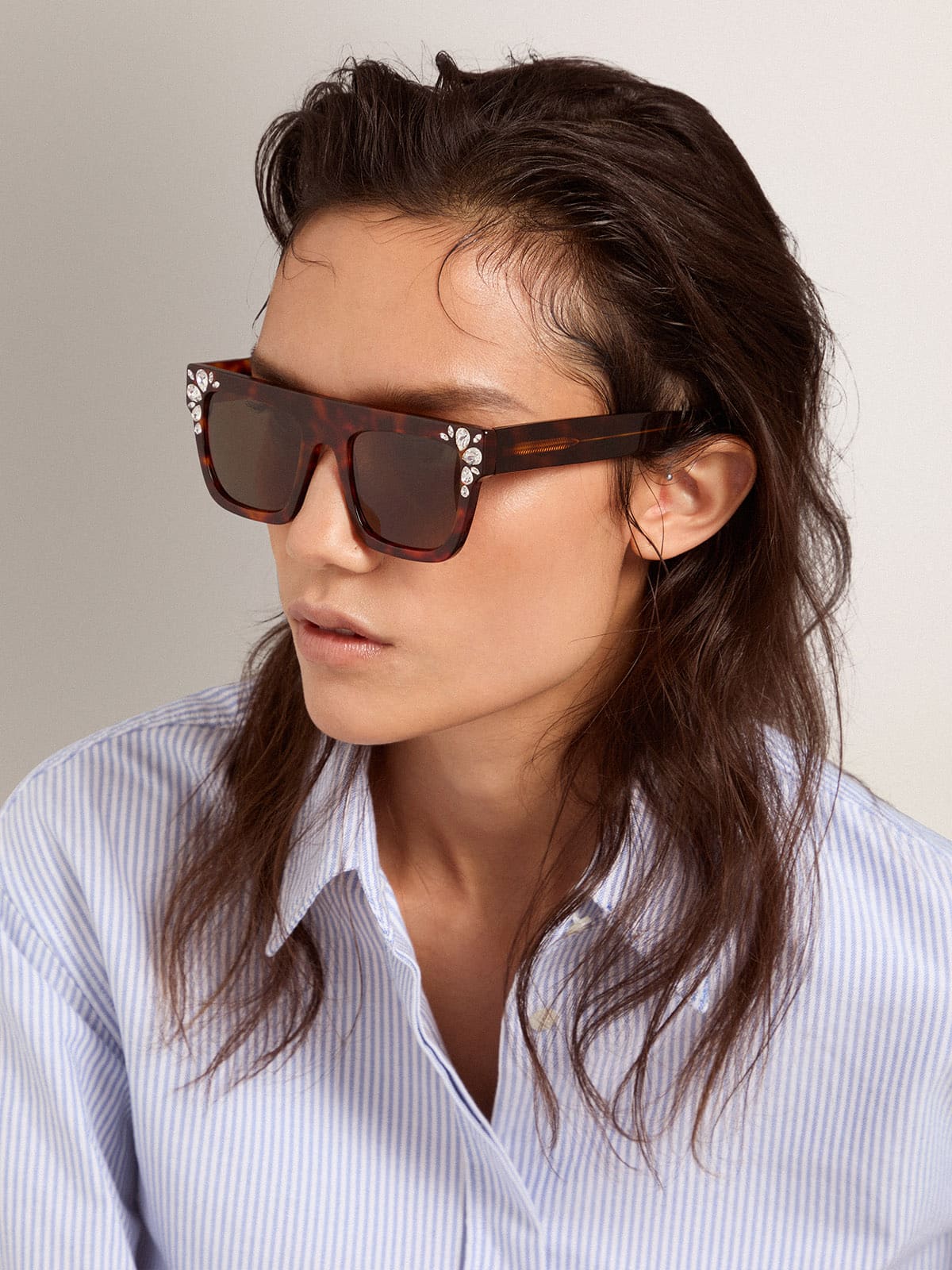 Square model sunglasses with havana frame and crystals - Golden Goose Women|Men