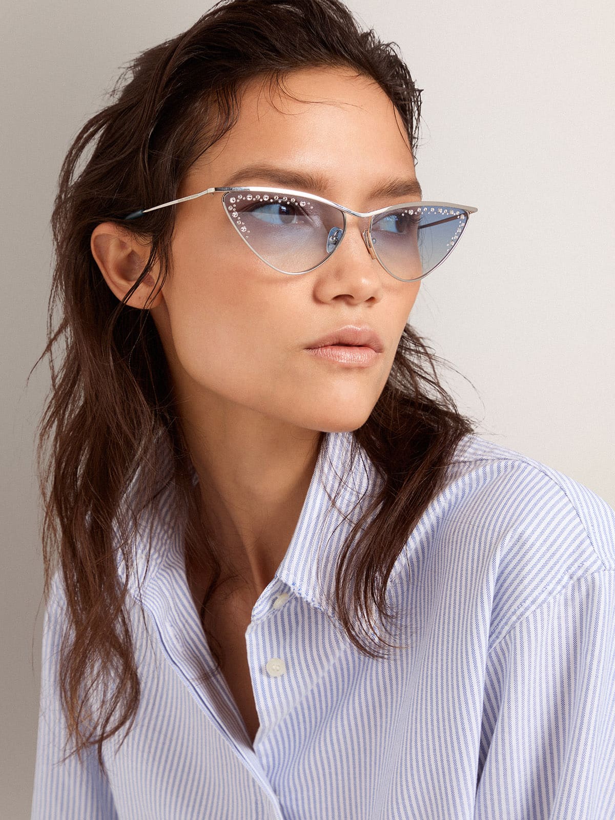 Sunglasses cat-eye style with silver frame and crystals - Golden Goose Women|Men