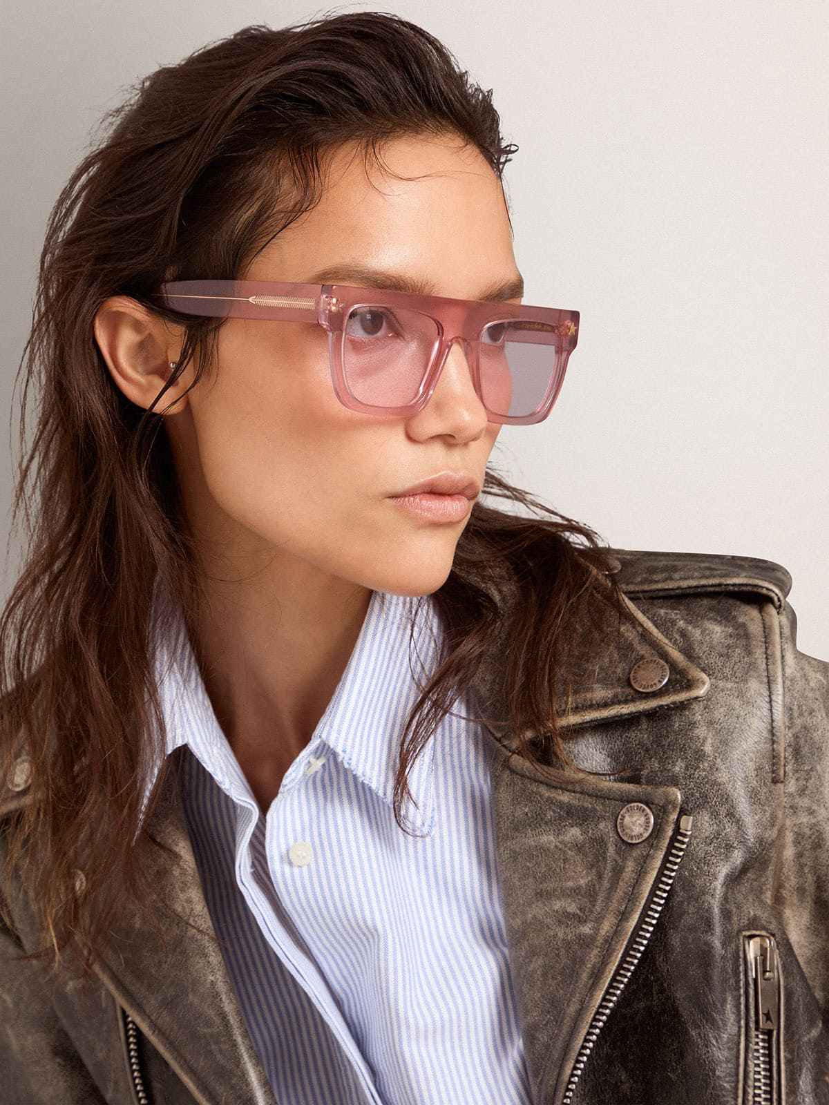 Square-style Sunframe Jamie with clear pink frame and pink lenses - Golden Goose Women|Men