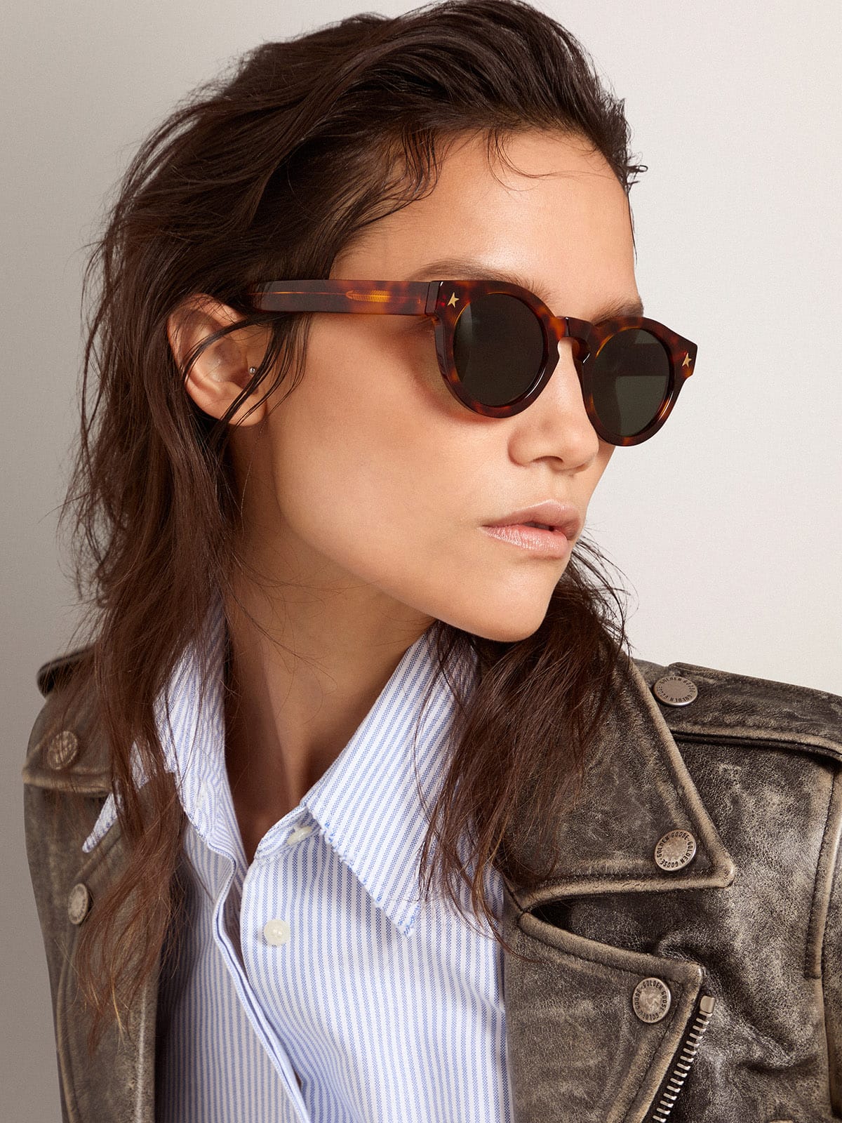 Sunglasses Panthos model with havana frame and gold details - Golden Goose Women|Men