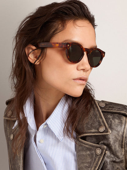 Sunglasses Panthos model with havana frame and gold details - Golden Goose Women|Men