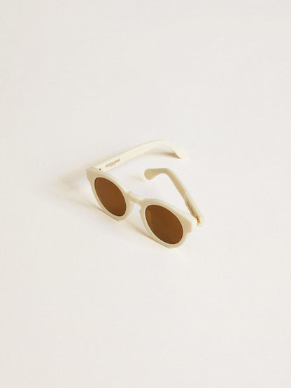 Square-style Panthos sunglasses with beige frame and gold details - Golden Goose Women|Men