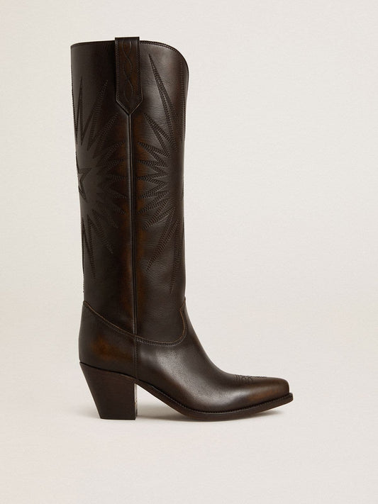 Wish Star boots in dark brown leather with tone-on-tone embroidered star - Golden Goose Women