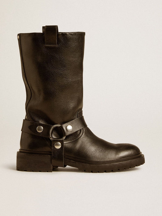 Kurt boots in glossy black leather with silver-colored buckle and studs - Golden Goose Women