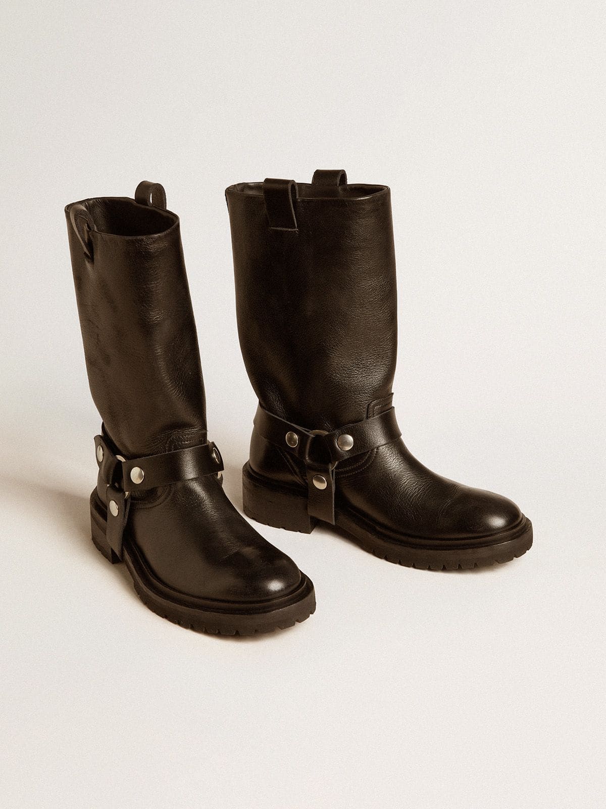 Kurt boots in glossy black leather with silver-colored buckle and studs - Golden Goose Women