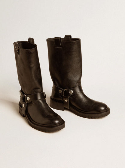 Kurt boots in glossy black leather with silver-colored buckle and studs - Golden Goose Women