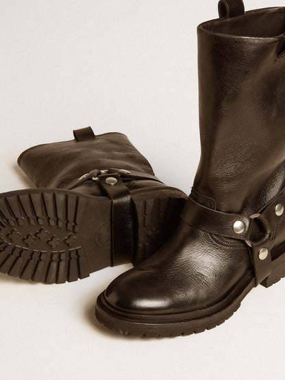 Kurt boots in glossy black leather with silver-colored buckle and studs - Golden Goose Women