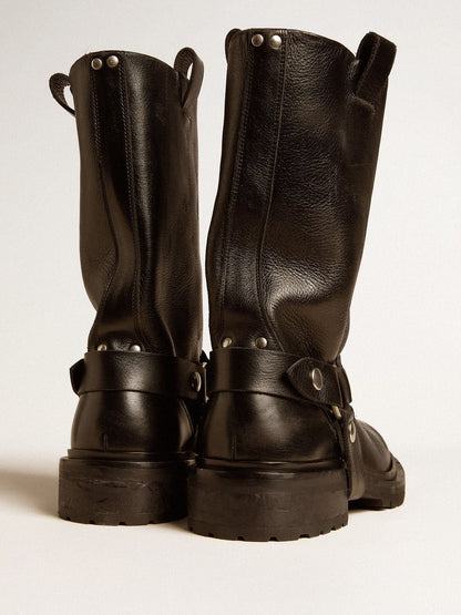 Kurt boots in glossy black leather with silver-colored buckle and studs - Golden Goose Women