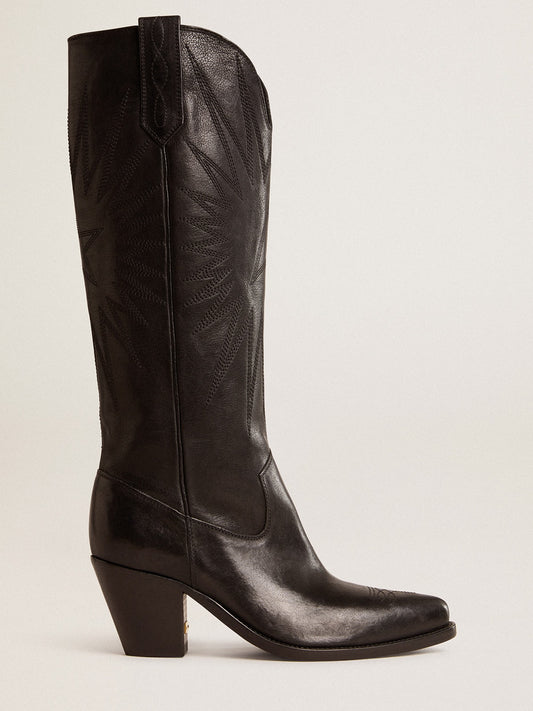 Women's Wish Star boots in black leather with star embroidery - Golden Goose Women