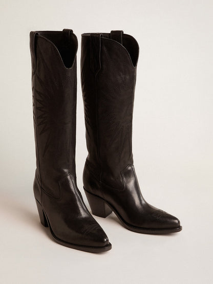 Women's Wish Star boots in black leather with star embroidery - Golden Goose Women