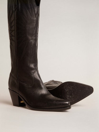 Women's Wish Star boots in black leather with star embroidery - Golden Goose Women