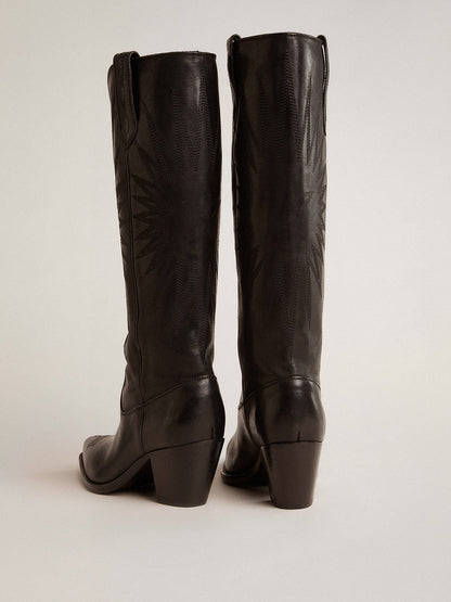 Women's Wish Star boots in black leather with star embroidery - Golden Goose Women