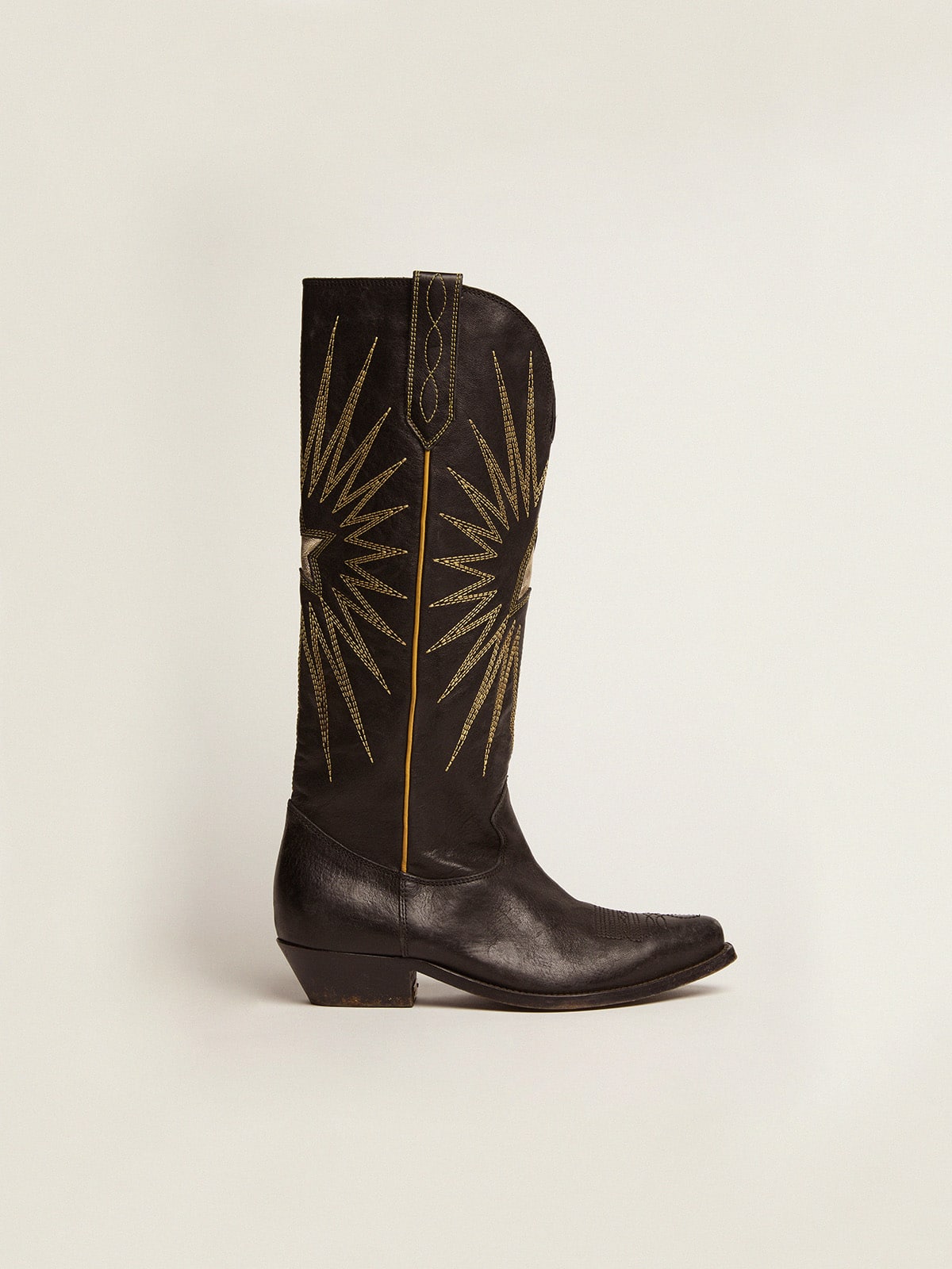 Wish Star boots in black leather with platinum laminated leather inlay star - Golden Goose Women