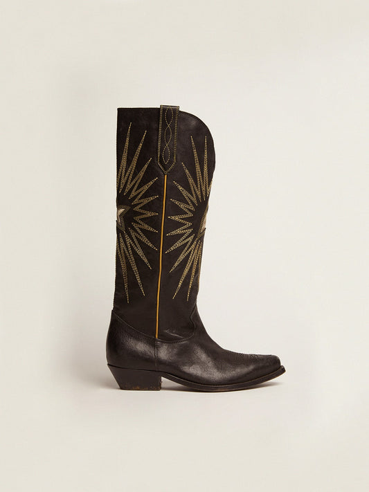 Wish Star boots in black leather with platinum laminated leather inlay star - Golden Goose Women