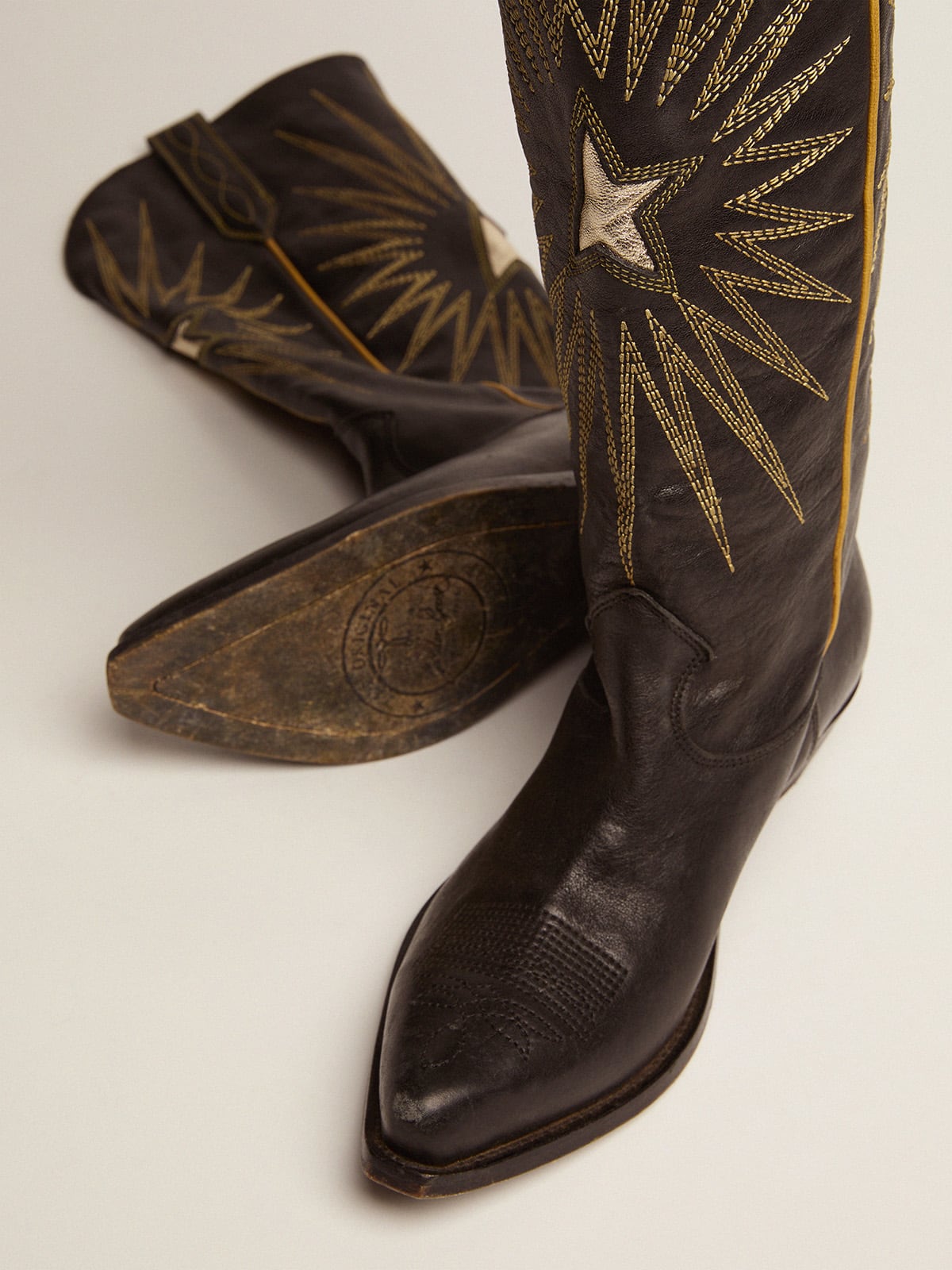 Wish Star boots in black leather with platinum laminated leather inlay star - Golden Goose Women