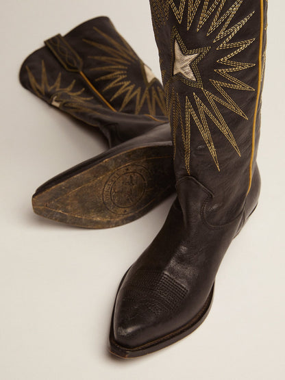 Wish Star boots in black leather with platinum laminated leather inlay star - Golden Goose Women