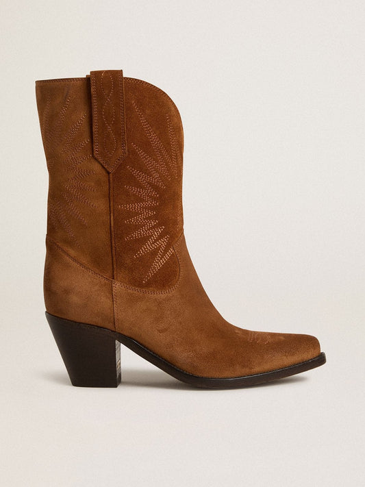 Low Wish Star boots in cognac suede with tone-on-tone embroidered star - Golden Goose Women