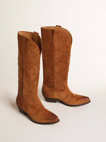 Wish Star boots in cognac suede with tone-on-tone inlay star - Golden Goose Women