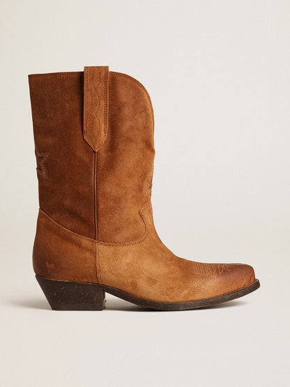 Low Wish Star boots in cognac-colored suede with inlay star - Golden Goose Women