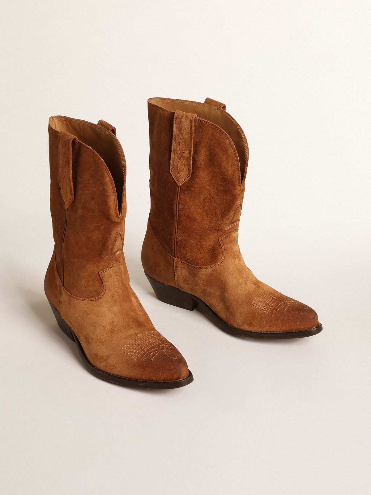 Low Wish Star boots in cognac-colored suede with inlay star - Golden Goose Women