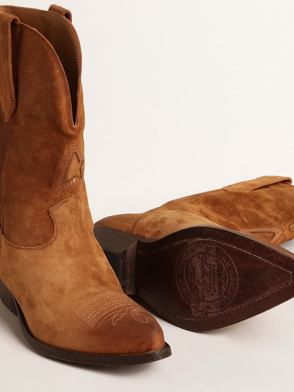 Low Wish Star boots in cognac-colored suede with inlay star - Golden Goose Women