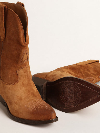 Low Wish Star boots in cognac-colored suede with inlay star - Golden Goose Women