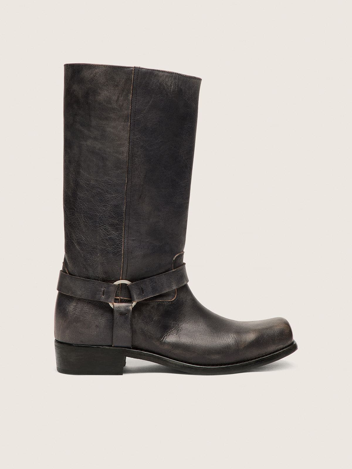 Women's high Biker boots in black leather with strap and silver-colored buckle - Golden Goose Women