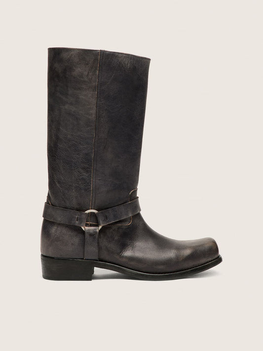 Women's high Biker boots in black leather with strap and silver-colored buckle - Golden Goose Women