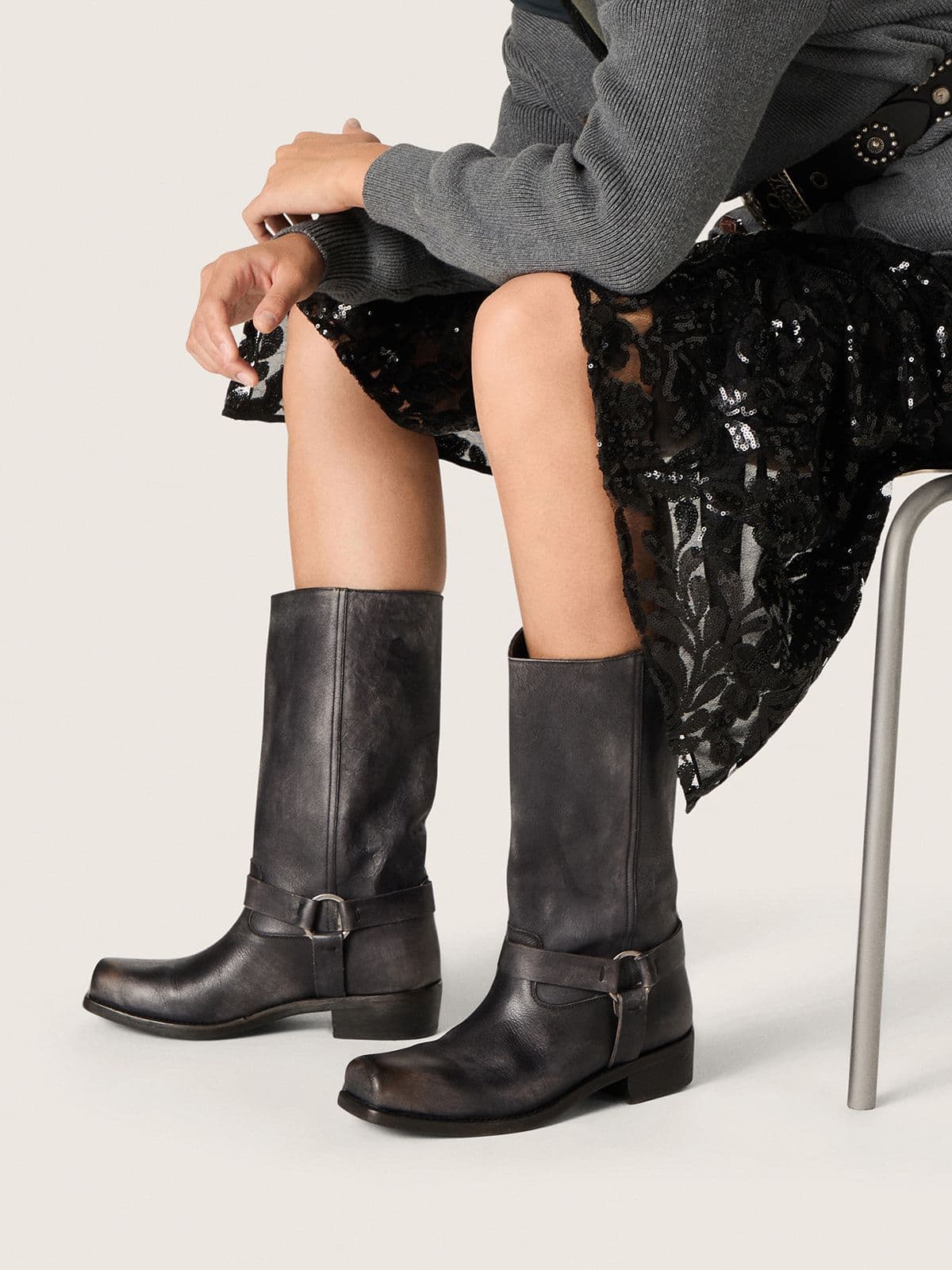 Women's high Biker boots in black leather with strap and silver-colored buckle - Golden Goose Women
