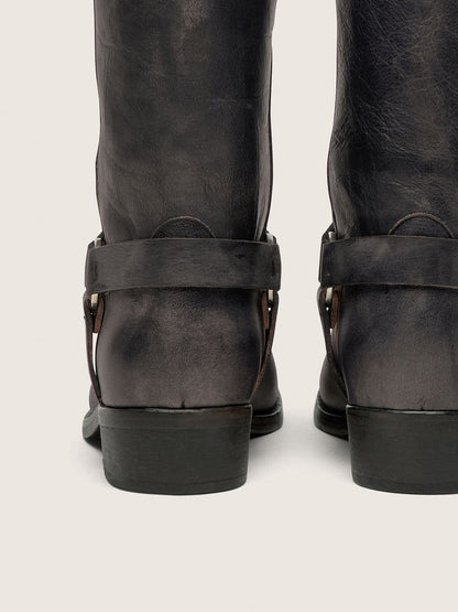 Women's high Biker boots in black leather with strap and silver-colored buckle - Golden Goose Women