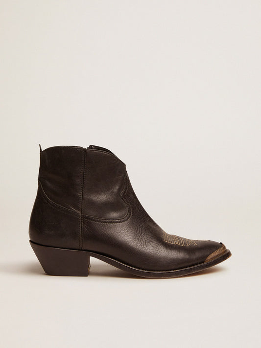 Young ankle boots in black leather with sand-colored embroidery - Golden Goose Women