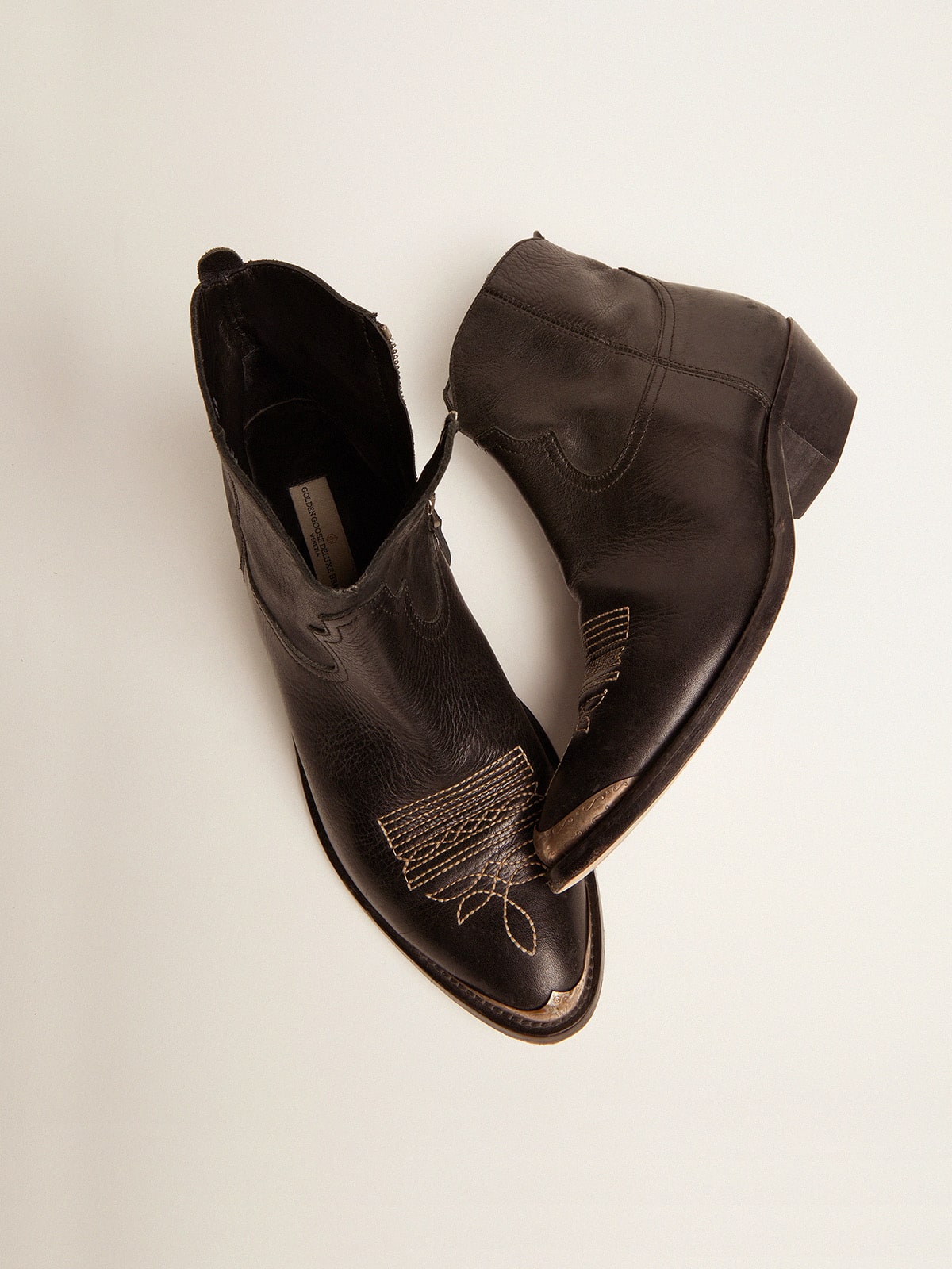 Young ankle boots in black leather with sand-colored embroidery - Golden Goose Women